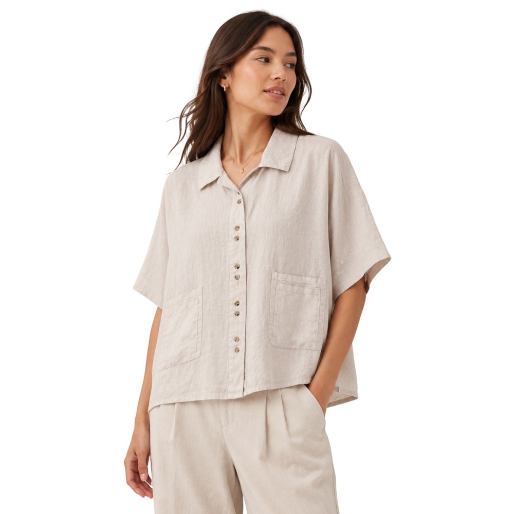 Lisa Bayne Shirt Womens Small Beige 100% Linen Short Sleeve Boxy Button Down